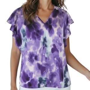 WHITE HOUSE BLACK MARKET Purple Floral V-Neck Flutter Sleeve Blouse Size Medium